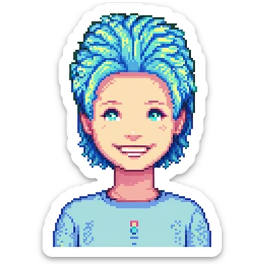 A person with a smile and AI-inspired hairstyle sticker