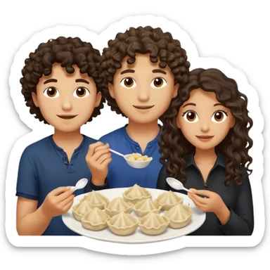 Can you create an emoji of three 23 year olds eating dumplings. One boy with wavy curly hair one Jewish girl with long dark brown curly hair and one half Indian / half white girl with mid length dark brown hair. All brown eyes sticker