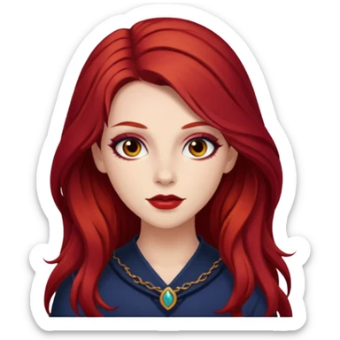 Chappell Roan (b.1998) with long dark red hair, makeup sticker