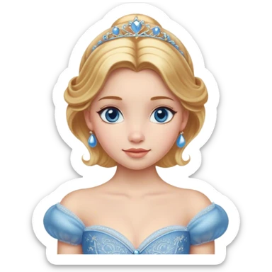 Cinematic Realistic Cinderella Portrait, depicted with lifelike skin texture, subtle rosy undertones, and soft natural lighting that enhances the gentle contours of her face. Her intricately detailed golden blonde hair is elegantly styled in an updo, with delicate wisps framing her face for added realism. Her deep, expressive blue eyes radiate warmth and sincerity, reflecting a quiet resilience and grace. She is dressed in her iconic ball gown, the fabric shimmering with intricate embroidery and fine translucent layers that catch the light beautifully. The soft sheen of satin gloves and the delicate sparkle of a glass-like slipper peeking from beneath her dress add a touch of magical realism. The portrait features an enchanting glow with a natural, luminous finish, seamlessly blending realism and fairytale charm to evoke a sense of depth, elegance, and timeless beauty. sticker