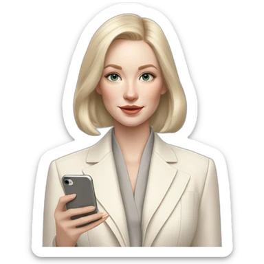 pale skin woman with ash blonde Straightened bob Hair, White Spacious classical jacket, beige palazzo Arrow pants and gray blouse holding white IPhone 15 pro in the hands sticker