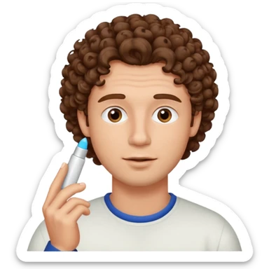 curly haired man using chapsitck sticker