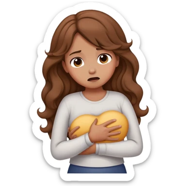 Girl with curled brown long length hair with stomach ache sticker