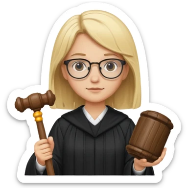 Young judge, blonde hair with glasses and robe, hold a gavel sticker