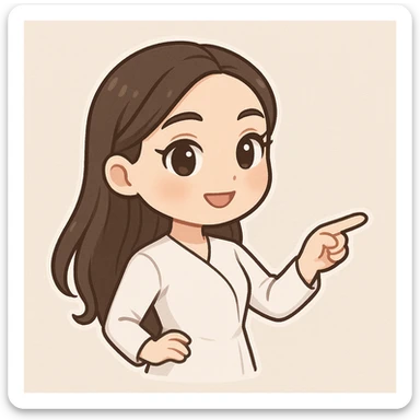 3D bitmoji chibi sticker of the girl from the reference, expressive face and eyes, long brown hair, pointing to the right with her body turned in that direction. sticker