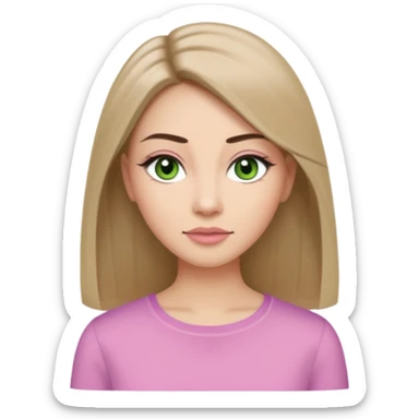,Adult woman avatar, light skin tone, oval face, long straight ash-brown hair, green almond-shaped eyes with dramatic eyelashes and minimal eyeliner, neutral mouth, medium straight eyebrows, small nose, natural pink lips, smooth skin with light natural blush sticker