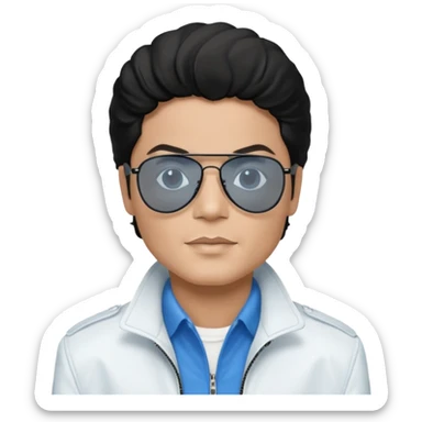 Michael Jackson is white, wearing completely black smokey Ray-Ban glasses, a white jacket, and a blue shirt. sticker