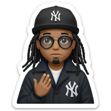 African American man with shoulder length black dreadlocks wearing black sunglasses with black bubble winter coat wearing a New York Yankees baseball hat with hands thinking on face sticker
