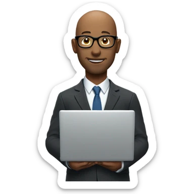 Bald man with glasses wearing a suit and holding a laptop sticker