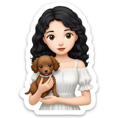 A beautiful girl with long black hair in a white dress holds a small brown curly-haired dog sticker