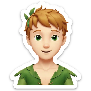 Cinematic Realistic Peter Pan Portrait, head tilted playfully and inquisitively, capturing his mischievous smile and twinkling eyes. The intricacies of his whimsical attire and the soft interplay of natural light bring to life his adventurous energy and childlike charm with a hint of daring strength. sticker