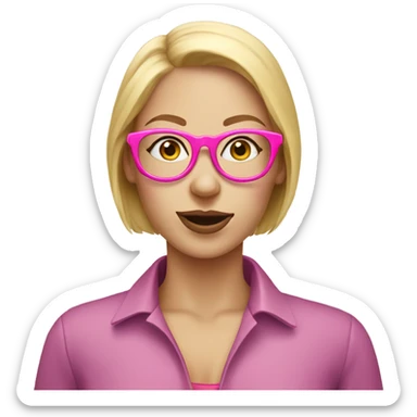 Caucasian women, blonde hair, pink glasses eating donut sticker