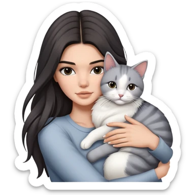 Kendall Jenner long hair hug one grey white cat sticker