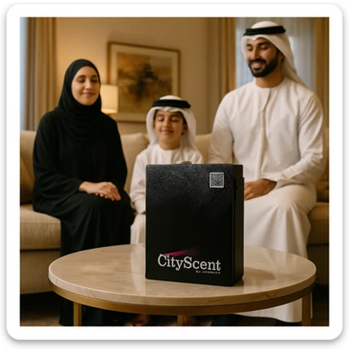 Create a vertical (portrait, 9:16 aspect ratio) Instagram Story–style image depicting the CityScent air freshener machine on a table in a luxury house. Show a family in Arabic attire sitting or standing nearby, enjoying the relaxing scent. The scene is realistic, elegant, and formatted for Instagram Stories. sticker