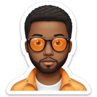 đàn ông 30 tuổi, da đen, tóc ngắn phong cách disco, đeo mắt kính râm màu cam nhẹ trong suốt nhìn thấy mắt, gọng kính màu đen, mặt ngầu sticker