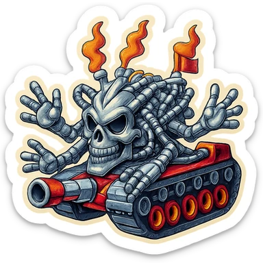 Edit the skull robot tank to have 4 distinct arms. All metal parts should be shiny greyscale without any blue or purple tints. Include some vibrant color accents on non-metal elements. Maintain the retro stickers style with a clean outline and transparent background. sticker