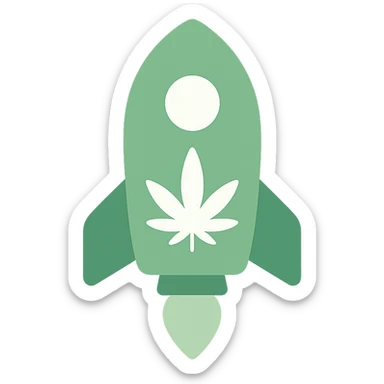A rocket icon incorporating a cannabis leaf, minimalist flat design, green and white color scheme. sticker