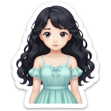 Pretty anime girl with flowing black wavy hair and a soft delicate pastel dress, kawaii style sticker