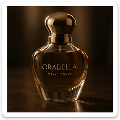 cinematic, realistic 3D rendering of the Orabella fragrance bottle by Bella Hadid, elegant lighting, luxury product photography style sticker