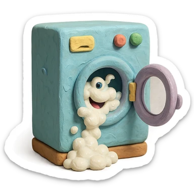playful washing machine in claymation style with bubbly soap and open door, pastel colors sticker
