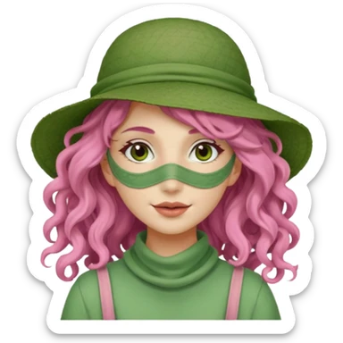 pink haired very long curly haired woman with full full face green clay mask and a hat sticker