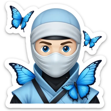 Crea una imagen con estos dos emoji 🥷🏻🦋
él ninja de piel blanca con la mariposa azu posada en el hombro como si estuviera volando. sticker
