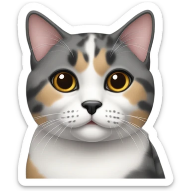 senior chubby diluted calico cat, grey chin, black nose, grey ears, grey and white sticker