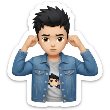 a PRETTY BRATZ boy with black messy hair, one hand on head. looking sad. lean biceps sticker