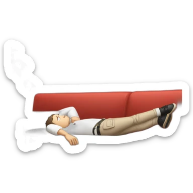 tim robinson very tired laying down on a red couch in a long sleeve white polo shirt, chest up clean shaven, laying flat across couch, arms at side sticker