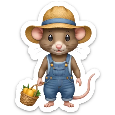 farmer rat in denim overalls with a straw hat sticker