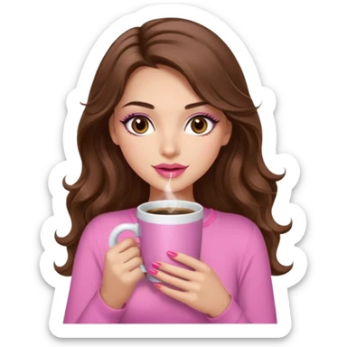girl with long wavy brown hair, brown eyes, long lashes makeup, sexy pink lips, light to medium complexion, pink sexy top, with a hot coffee mug sticker
