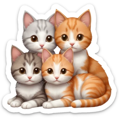 3 tiny kittens cuddling together all different colours, the first one is grey and white, the second is ginger and white and the third is brown tabby and white sticker