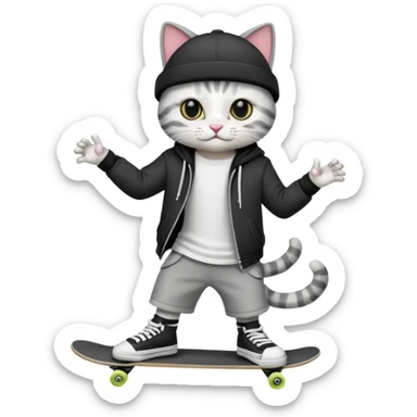 Create a black-and-white boy cat in skater boy clothes sticker