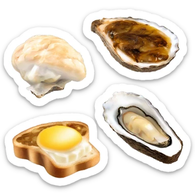 slice of black toasted bread with pan of oysters, fire turkey with cheey face sticker