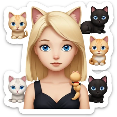blonde girl with blue eyes astrology in black dress with different cats sticker