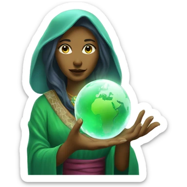 Female Fortune teller holding a crystal ball with the green earth inside it sticker