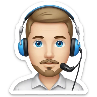 Podcaster with goatee, blue eyes and a microphone sticker