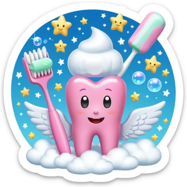 Giant cartoon toothbrush, pink toothbrush, cute molar character with angel wings, tube of pastel toothpaste, sparkles, magical sparkles, shooting stars, fluffy white clouds, soap bubbles, floating tooth fairy coins. sticker