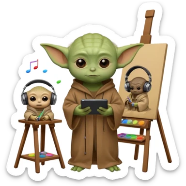 Baby Yoda in his brown robe listening music on his headphones, painting a picture on an easel and surrounded by paint pots. sticker