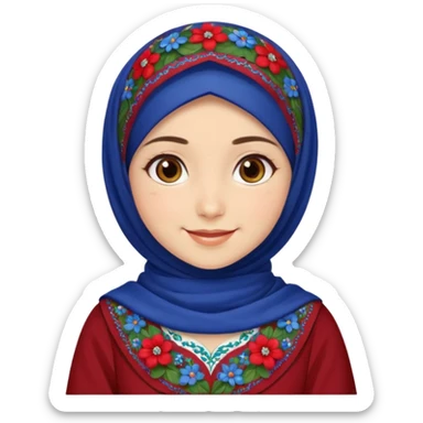 Turkish beautiful finish Konya girl brown eyes white skin with red blue indigo green mini mixed flowers hijab and brown islamic dress and smiles sticker
