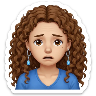 white young curly long hair girl, brown hair, with a blue shirt, in despair crying, brown eyes, septum sticker