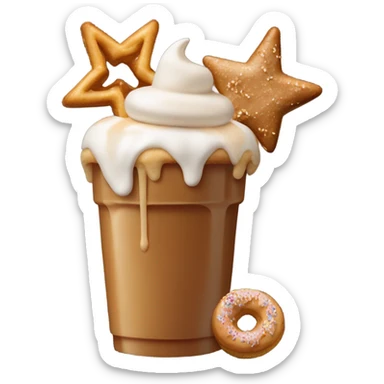 a caramel toffee shake topped with a toffee donut hole, gold star marshmallow, toffee covered pretzel and macadamia nut cookie sticker