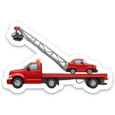 Red flatbed tow truck towing a car sticker