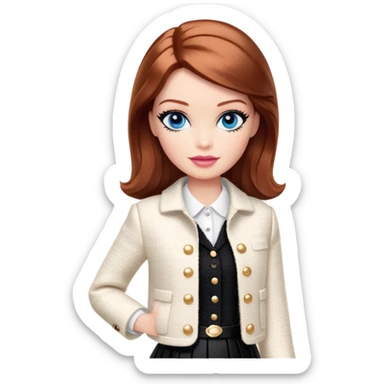 A Barbie girl with blue eyes, shoulder-length reddish-brown hair with makeup, wearing a white tweed jacket and a black skirt stands with chanel brand cream sticker