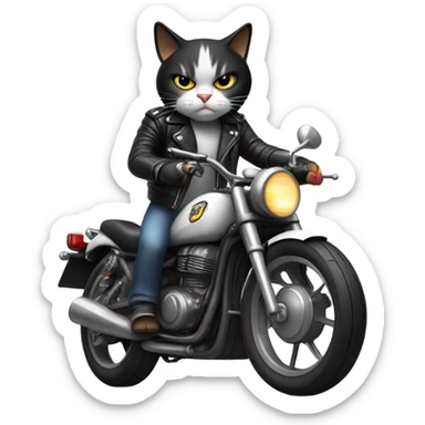 Angry, black and white cat wearing a leather jacket on a motorcycle sticker