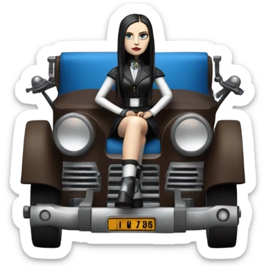 Jedi bounty hunter Wednesday Addams racing sitting in a modern blue,red and pewter steampunk electric luxury sticker