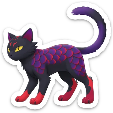 Black edgy Noibat-Purloin-Torracat-Lykoi-Caracal-cat-Fakemon-fusion-hybrid-creature with violet and red scale markings sticker