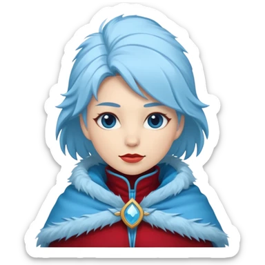 Fantasy human emoji portrait, simple winter mantle with icy blue fur trim and crimson inner fabric, northern winter aesthetic, calm heroic expression, clean flat emoji design, female variant
 sticker