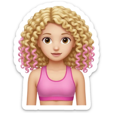 long hair curly blond haired girl DOING EXERCISE in a cute pink set sticker