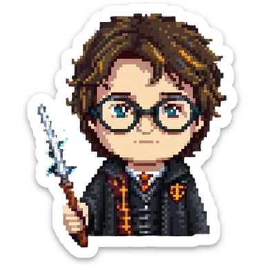 Harry Potter with glasses, lightning scar, and wand sticker